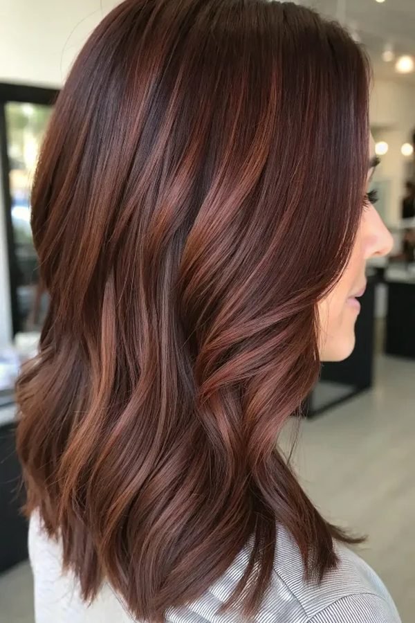 Mahogany brown hair color with red-brown winter dimension, back view