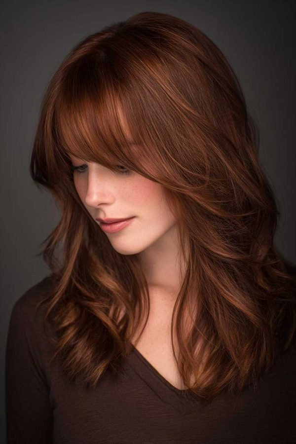 Chestnut brown hair color with warm golden-red undertones and soft bangs