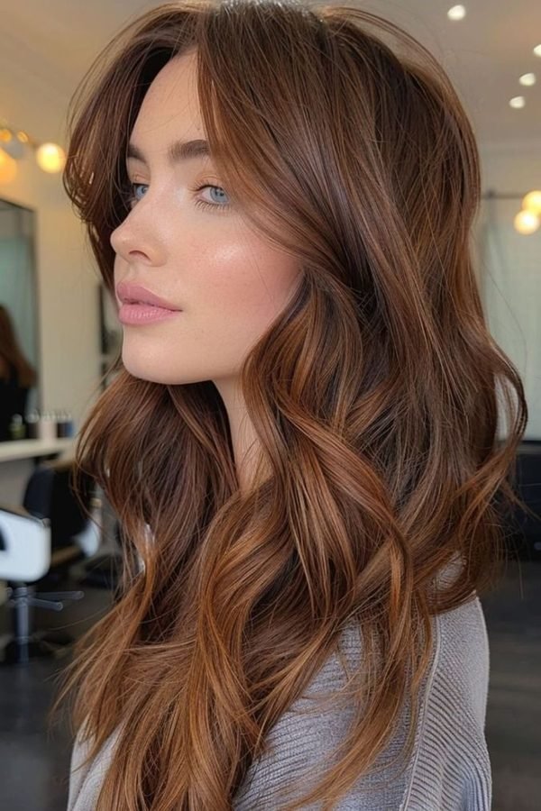 Cinnamon brown hair color with spicy warm highlights, side view