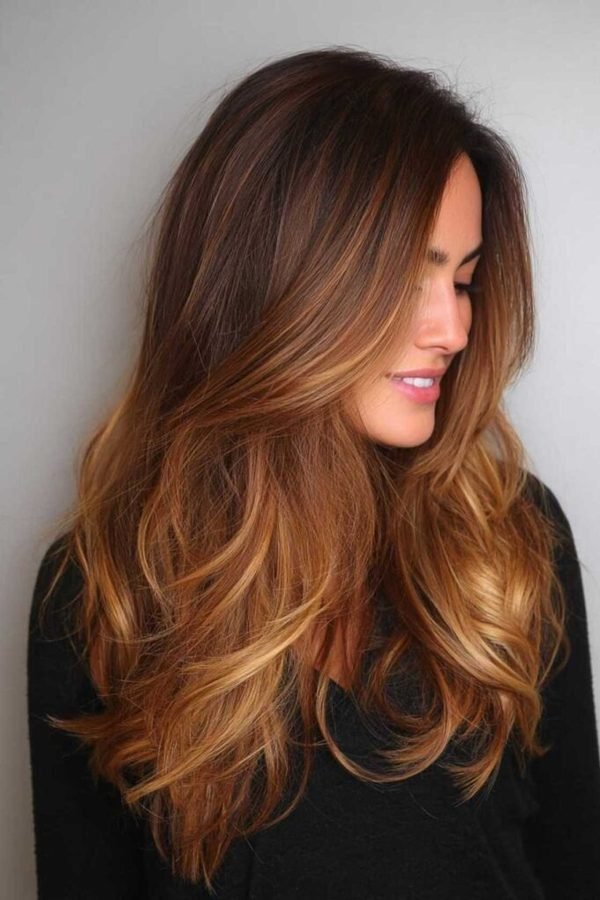 Caramel balayage on dark brown hair, warm golden ends