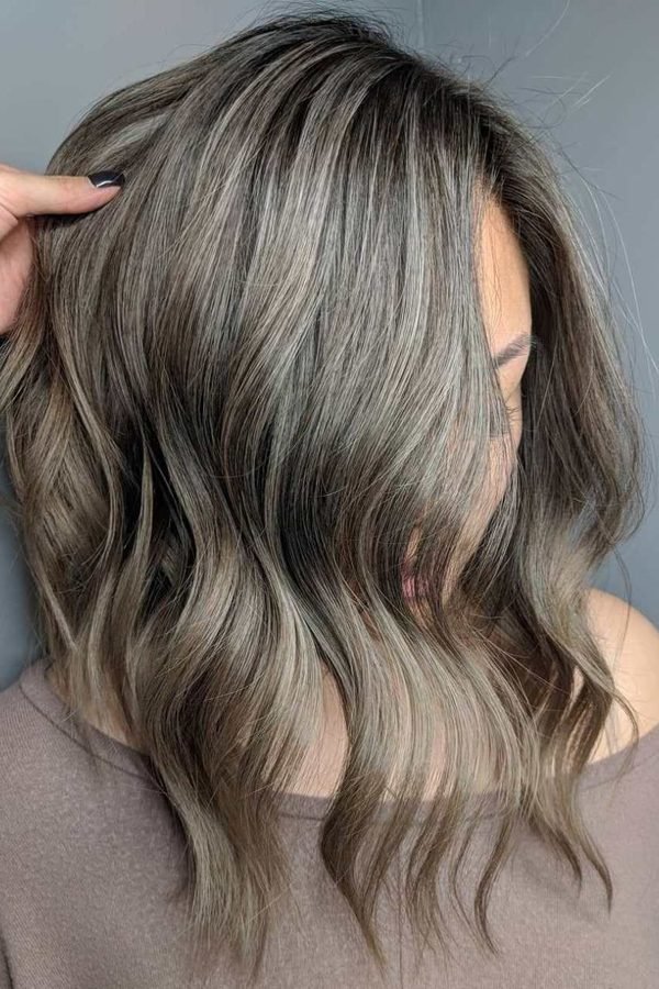 Mushroom brown hair color, smoky ash-brown waves, back view