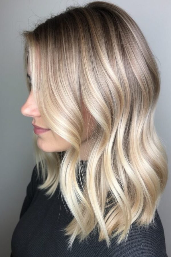 Vanilla cream blonde hair color, bright creamy lob with a soft shadow root
