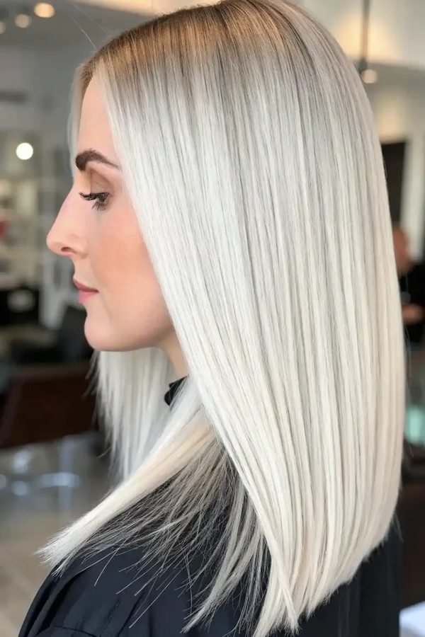 Icy blonde hair with a darker shadow root, sleek straight finish