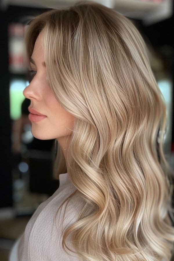 Beige blonde hair color, soft sandy waves, side profile