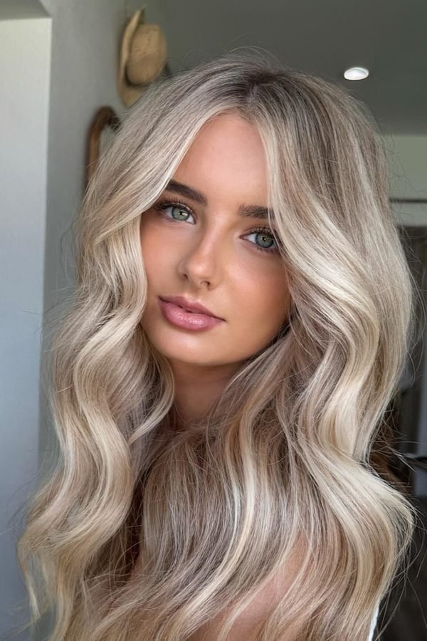 Mushroom blonde hair color, ashy beige waves with a rooted base