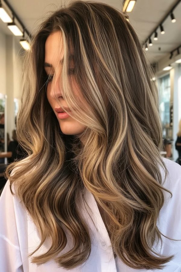 Honey blonde highlights ribboned through dark brown winter hair color