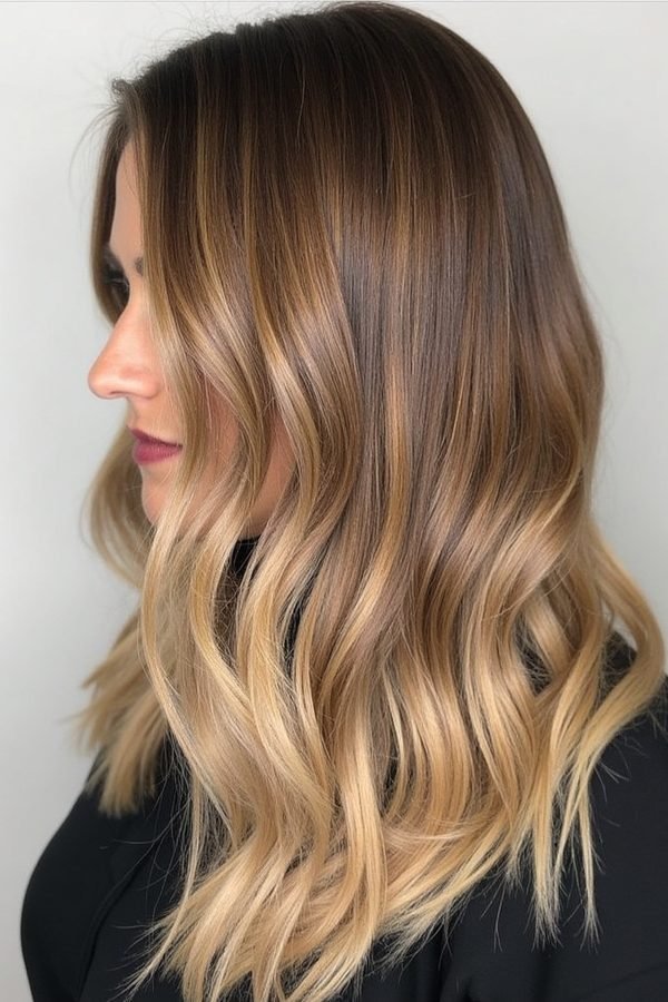 Bronde balayage hair color, brown melting into blonde ends