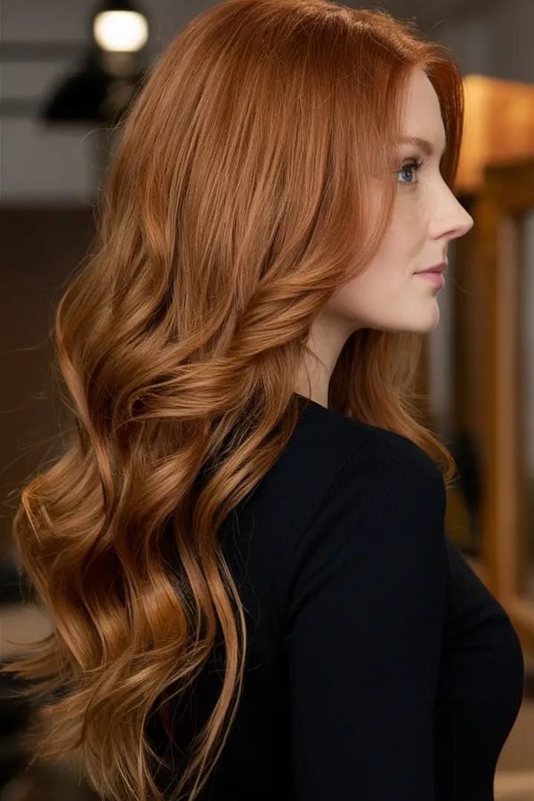 Ginger snap copper hair color, bright spicy copper waves, side profile