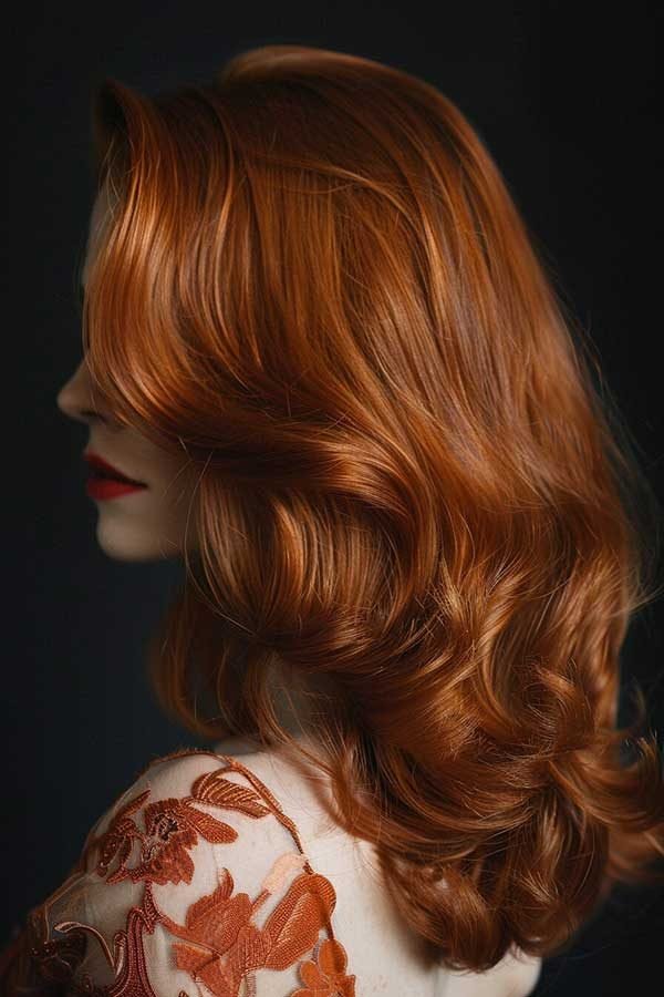 Fireside auburn hair color, deep glossy auburn waves