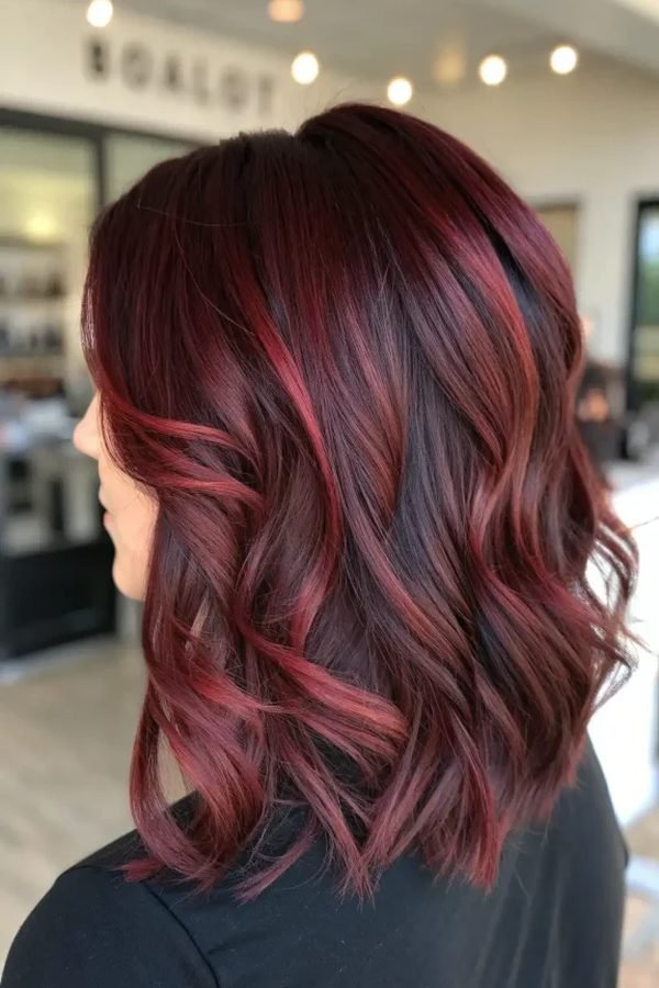 Black cherry balayage hair color, near-black hair with cherry red ribbons