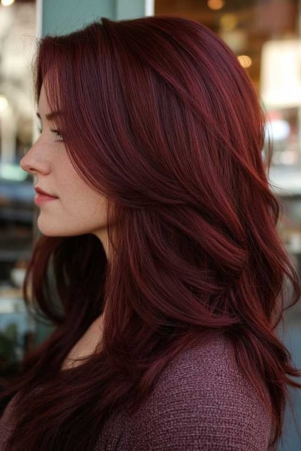 Mulled wine hair color, deep burgundy-violet lengths, side profile