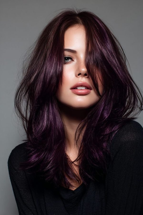 Deep plum hair color, dark purple lengths with soft waves