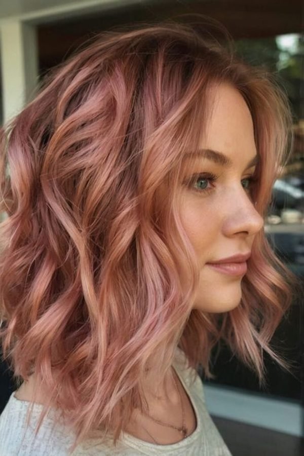 Rose gold hair color, dusty pink-copper waves on a bob