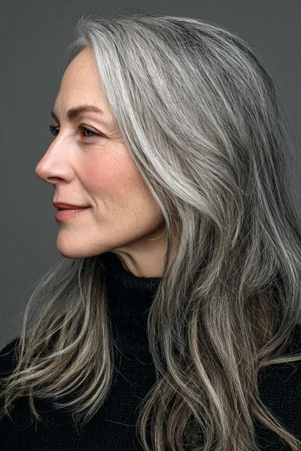 Silver grey blending hair color, natural silver lengths, side profile