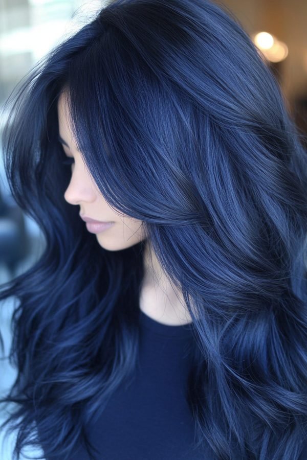Midnight sapphire blue hair color, deep blue glossy waves