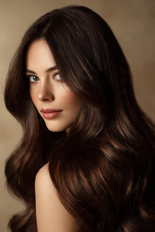 Dark brown hair with caramel lowlights, glossy warm dimension