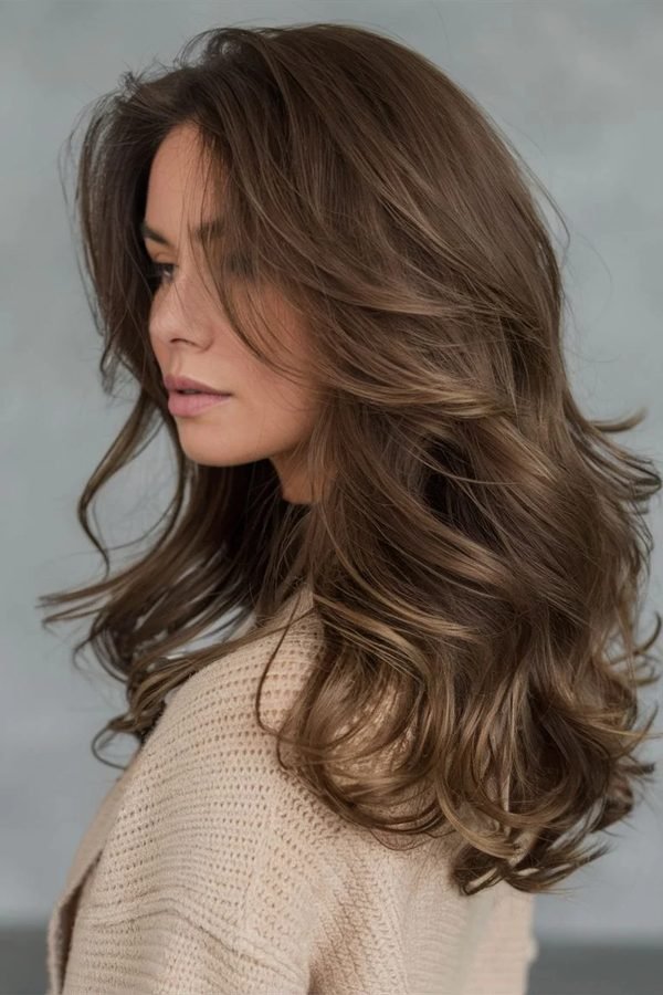 Hazelnut brown hair color, warm light-brown waves with soft highlights