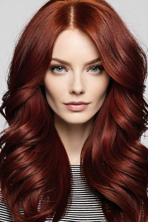 Winter hair color ideas — rich glossy red waves with cozy winter dimension, front portrait