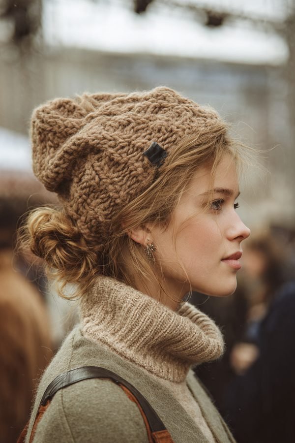 Low messy bun worn under a chunky knit beanie, side view