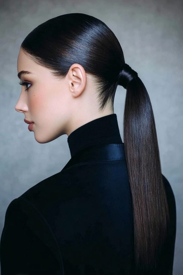 Sleek low ponytail with a wrapped base, side profile