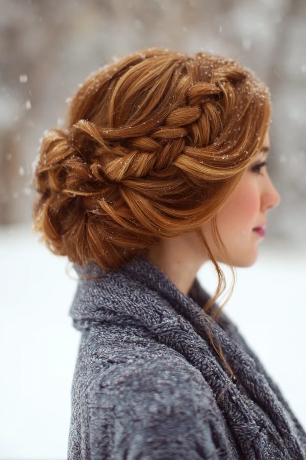Twisted crown braid on red hair outdoors in winter