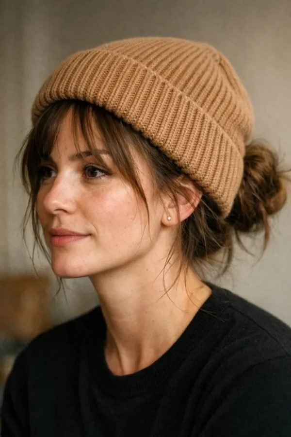 Undone messy low bun with face-framing pieces under a tan beanie