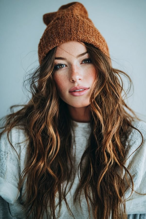 Long loose heatless waves with a rust knit beanie