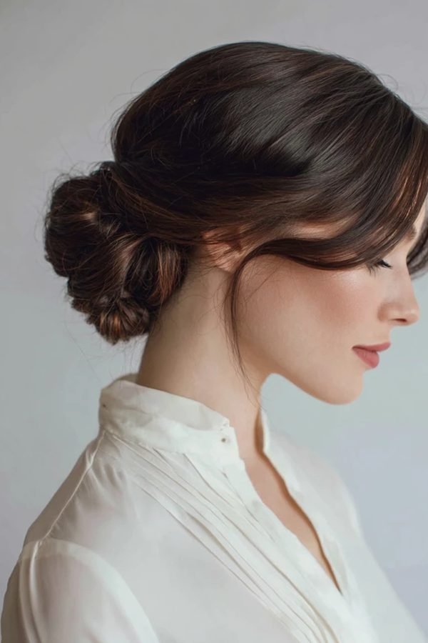 Low twisted chignon bun with soft front pieces, side profile
