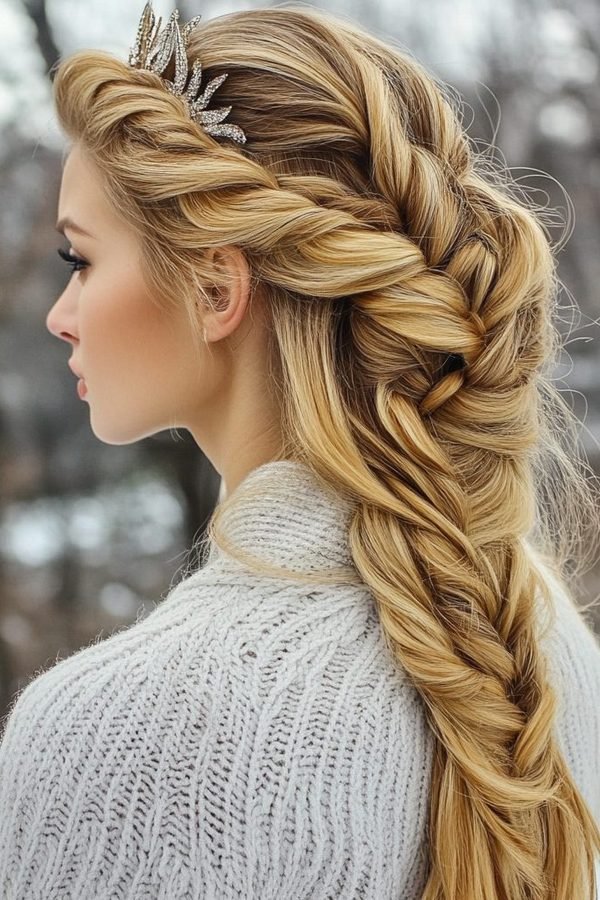 Low side Dutch braid over a cream knit sweater