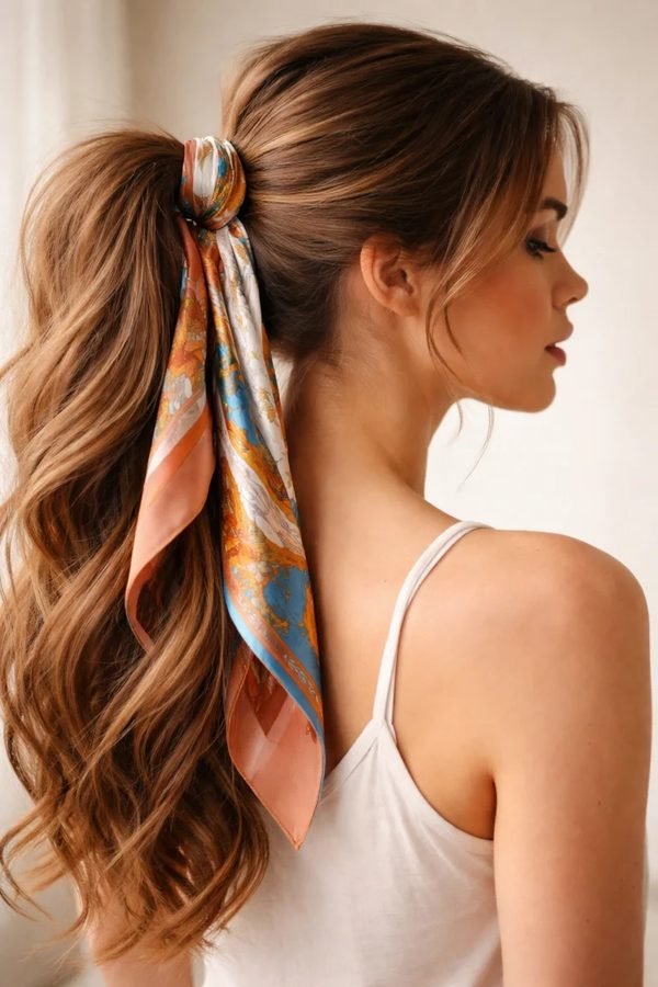 Ponytail wrapped with a silk scarf, back three-quarter view