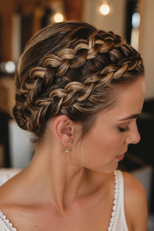Loose milkmaid braids crossing over the crown
