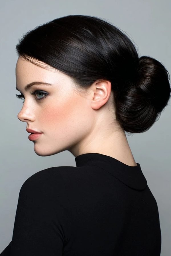 Slicked-back anti-static bun with a smooth finish, side view