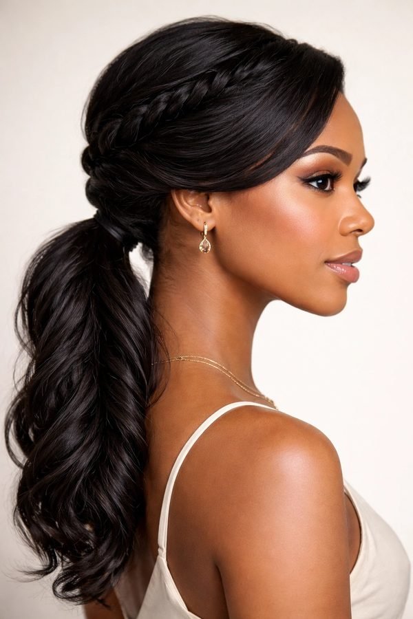 Twisted crown detail flowing into a wavy low ponytail
