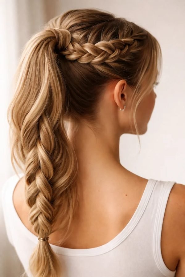 Ponytail finished with a fishtail braid, back view