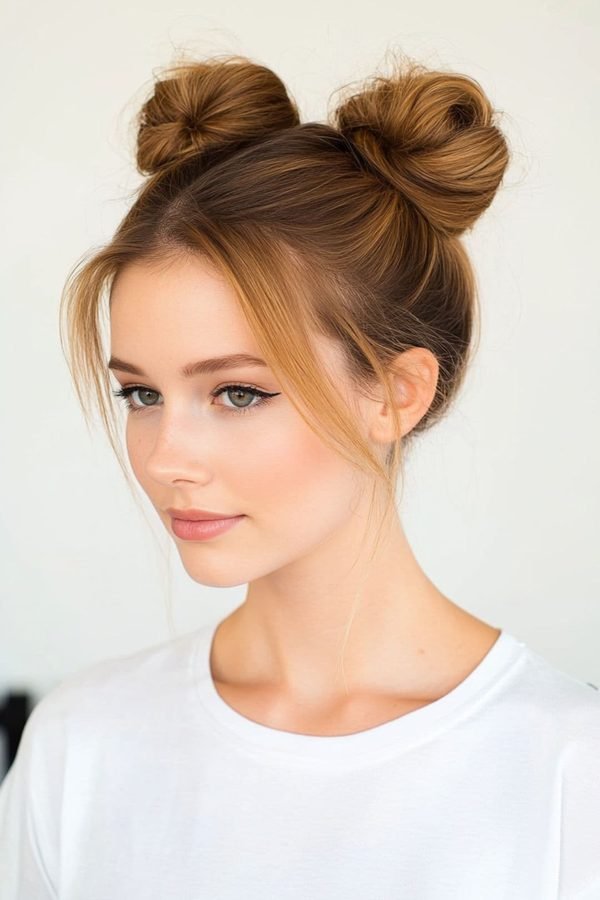 Double top buns with loose face-framing strands