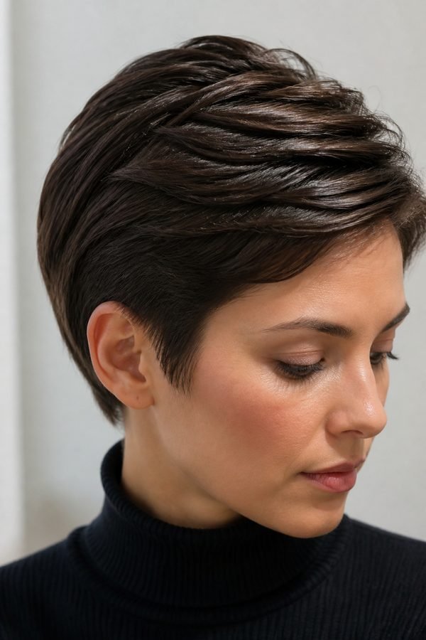 Short pixie cut with a deep side part worn with a turtleneck