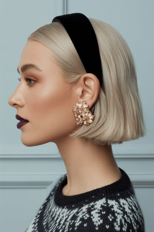 Platinum bob with a black velvet headband, side profile