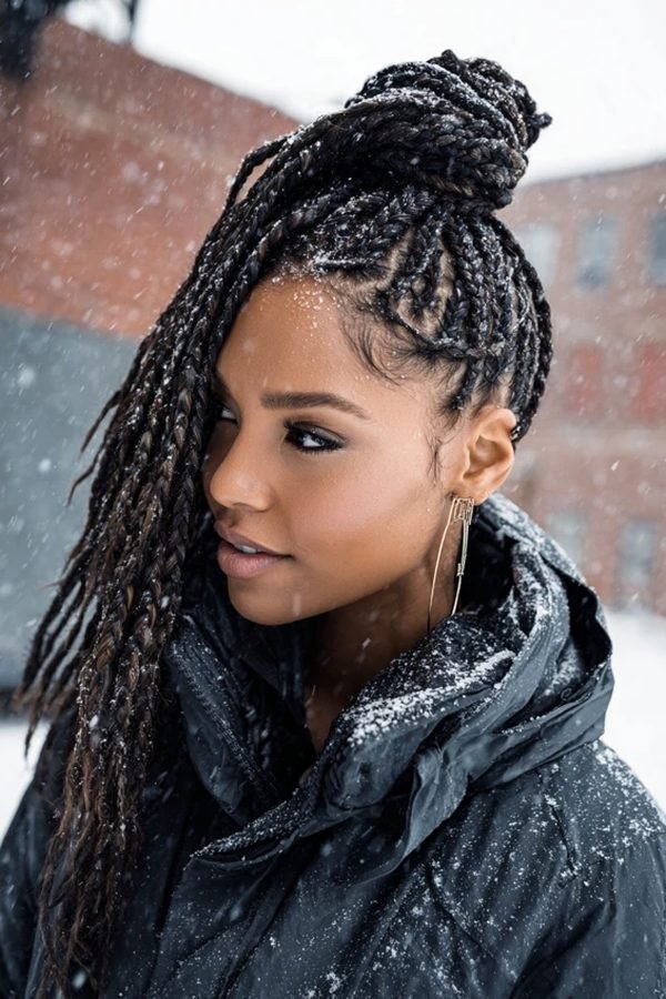 Protective box braids gathered into a top bun in the snow