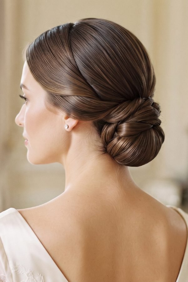 Modern Gibson tuck — smooth hair rolled into a low bun, back view
