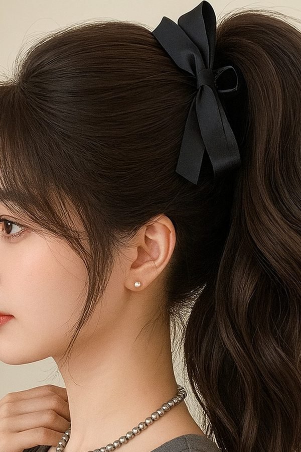 High ponytail tied with a black ribbon bow
