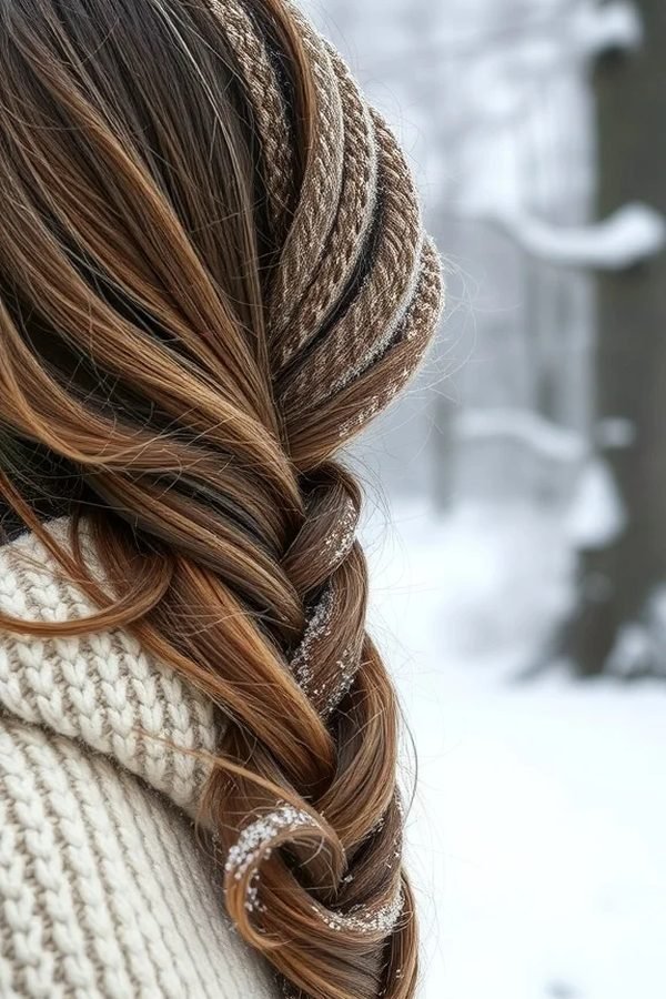 Loose fishtail braid close-up with a cream knit in the snow