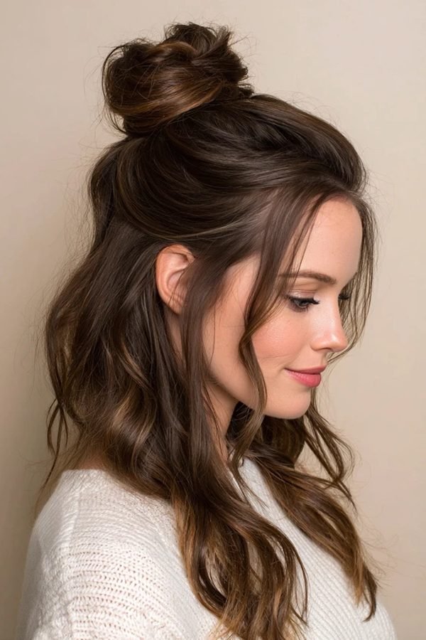 Half-up top knot with long soft waves