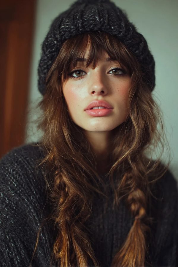 Long waves and bangs under a chunky dark knit beanie